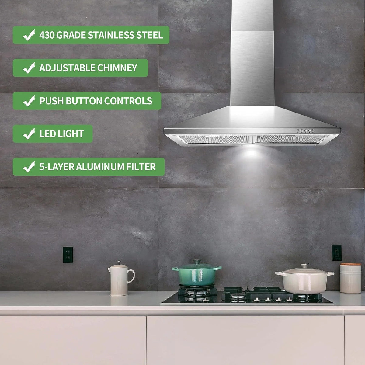 30 Inch Wall Mount Stainless Steel Range Hood, Modern Kitchen Exhaust Vent Hood with LED Light