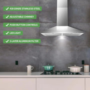 View 30 Inch Wall Mount Stainless Steel Range Hood, Modern Kitchen Exhaust Vent Hood with LED Light image 3
