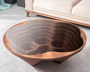 View Design a modern coffee table - natural walnut veneer, tempered glass tabletop, layered wave shape, rustic wood, modern living room table, luxurious home and office decoration, central table in the living room. image 3