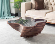 View Design a modern coffee table - natural walnut veneer, tempered glass tabletop, layered wave shape, rustic wood, modern living room table, luxurious home and office decoration, central table in the living room. image 1