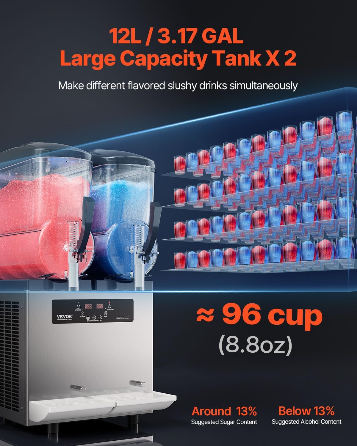 VEVOR kommerzielle Slusheis Maschine 12 L x 2 Doppeltank-Maschine für gefrorene Getränke, 96 Tassen Edelstahl Slush-Eis-Maschine mit Tastenfeld