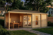View 5-Eck Gartenhaus Liwa mit Anbau aus Holz in Naturbelassen mit 28mm Wandstärke und Überdachter Terrasse image 3