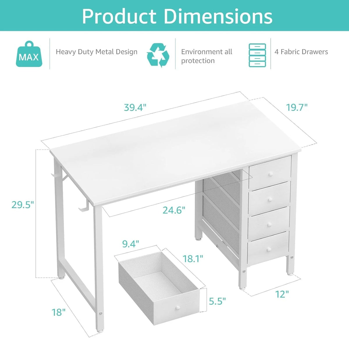 40 Inch Small White Desk with Fabric Drawers, Compact Computer Writing Desk for Home Office, Bedroom and Study