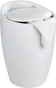 View Bathroom stool with laundry basket, storage stool with soft padded seat, white stool for laundry sorting and storage, size 14.2 x 19.9 x 14.2 inches, white, 1-piece set image 3