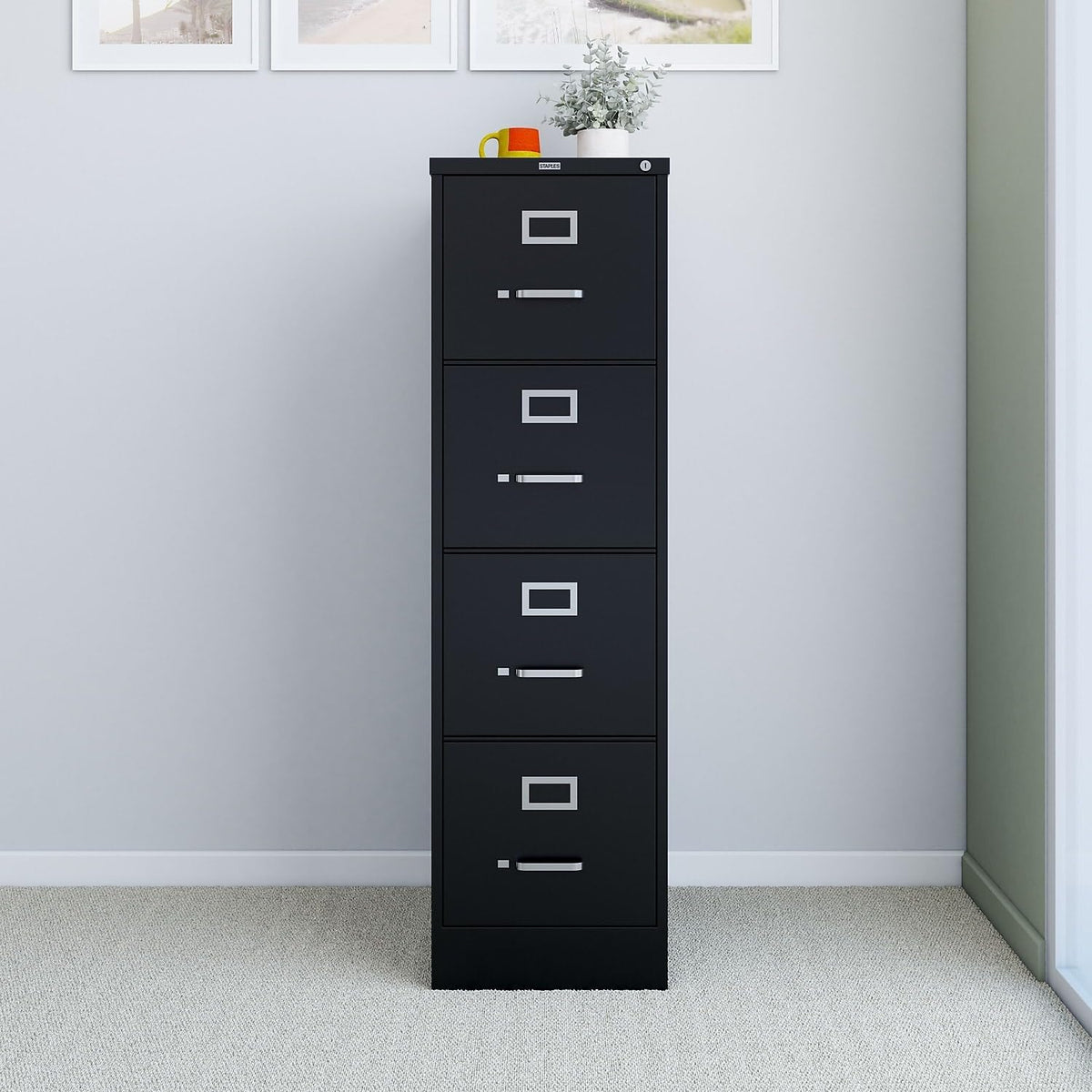 4-Drawer Lockable File Cabinet, Black, 25-Inch D x 15-Inch W
