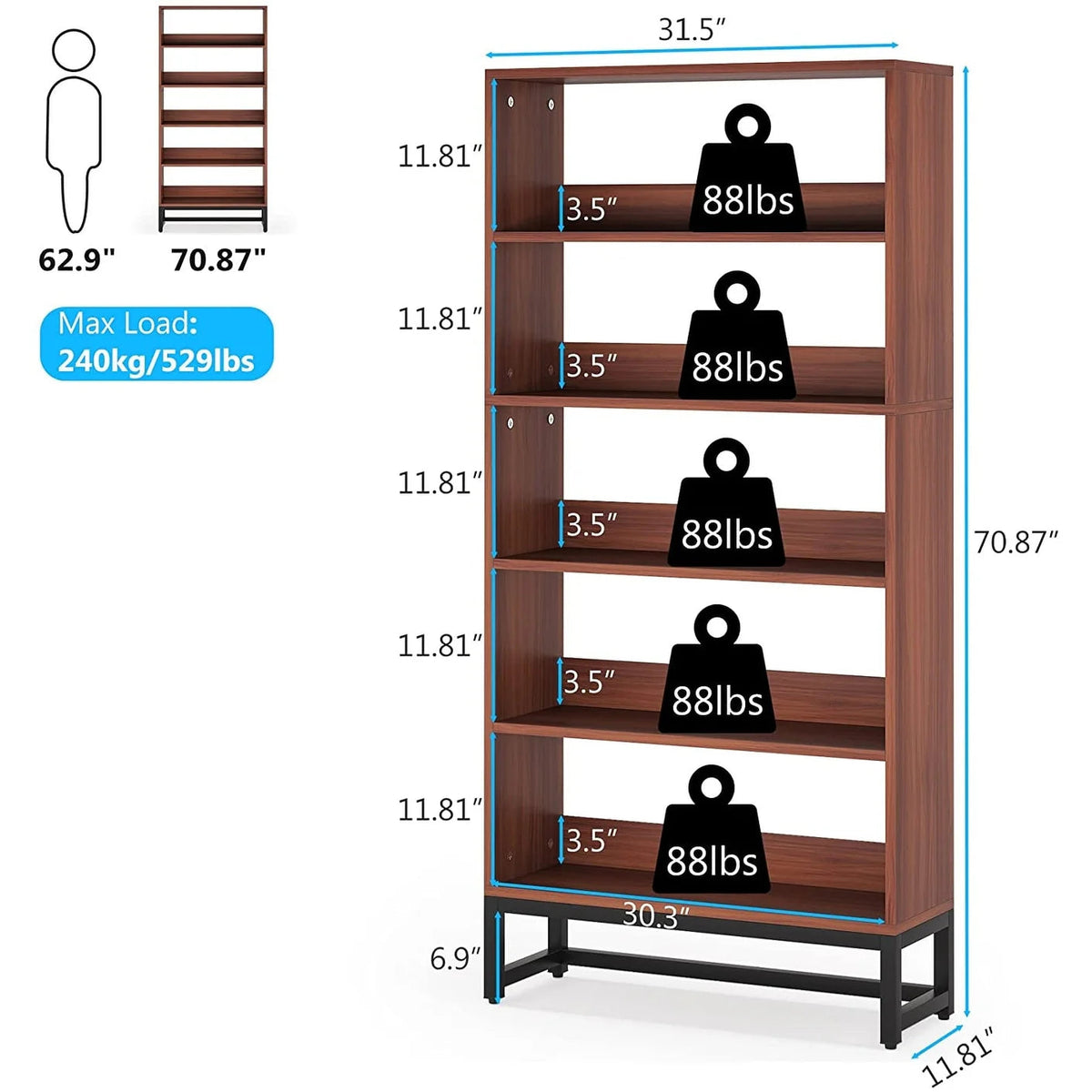 70.87 Inch Tall 5-Tier Bookcase, Large Bookshelf with 31.5 Inch Wide Storage