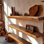 View 1 Piece Teak Wood Wall Shelf with Live Edge, Rustic Floating Shelf for Home Decor image 1