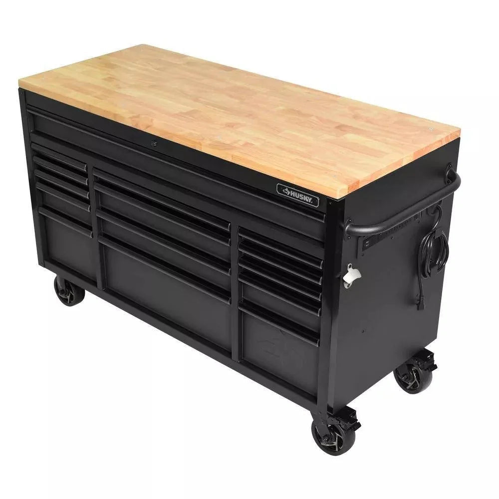 61-Inch W x 23-Inch D 15-Drawer Mobile Workbench with Solid Wood Top