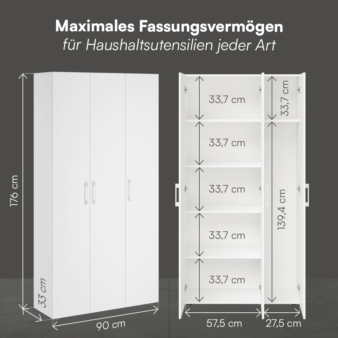 Bellamio Apol Mehrzweckschrank Weiß – Besenschrank 90 cm breit mit Stauraum – Putzschrank mit Staubsaugerfach – Vorratsschrank Küche - Aktenschrank