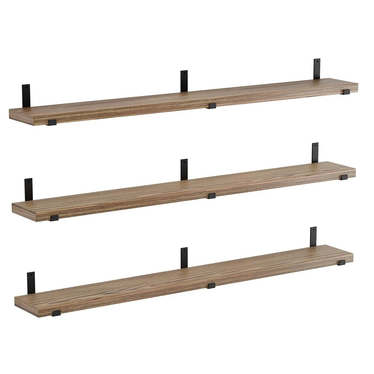 72 Inch Floating Wood Wall Shelves, Set of 3 Burnt Wood Display and Storage Shelves for Home Decor