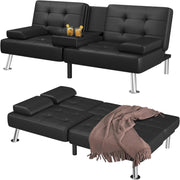 View Futon Sofa Bed Convertible Folding Futon Set Modern Recliner Lounge for Small Room & Living Room with 2 Cup Holders, Removable Armrests (Artificial Leather, Black) image 1