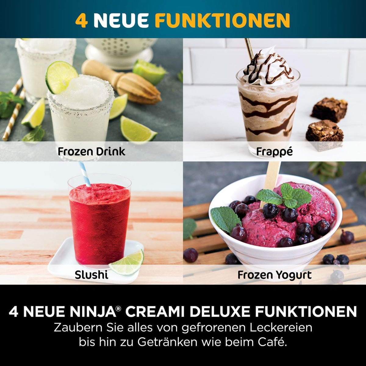 Ninja CREAMi Deluxe Eis-und Eisgetränkmaschine mit 2 Bechern, 10 Funktionen, macht Eiscreme, Gelato, Sorbet, Frozen Yoghurt, Milchshakes, Slushi &