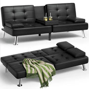 View Futon Sofa Bed, Leather Futon Couch with Removable Armrests, Adjustable Recliner Sleeper Sofa Bed with Dual Cup Holders for Living Room, Apartment, Office (Black) image 3