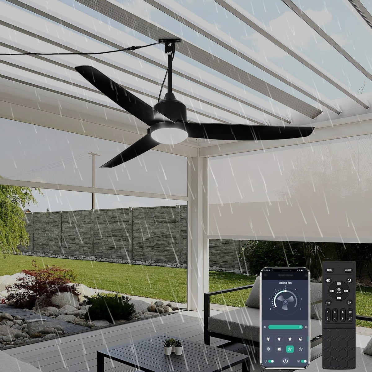 Deckenventilator mit Beleuchtung und Fernbedienung IP65 Wasserdicht Aussen Ventilator Dimmbar Fan Deckenleuchte Moderne Lampe mit Ventilator Leise