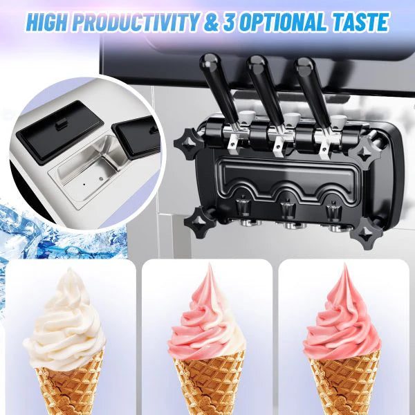 2200W 3-Flavor Soft Serve Ice Cream Machine, 5.3–7.4 Gal/Hr, LCD Touch Screen, Automatic Cleaning