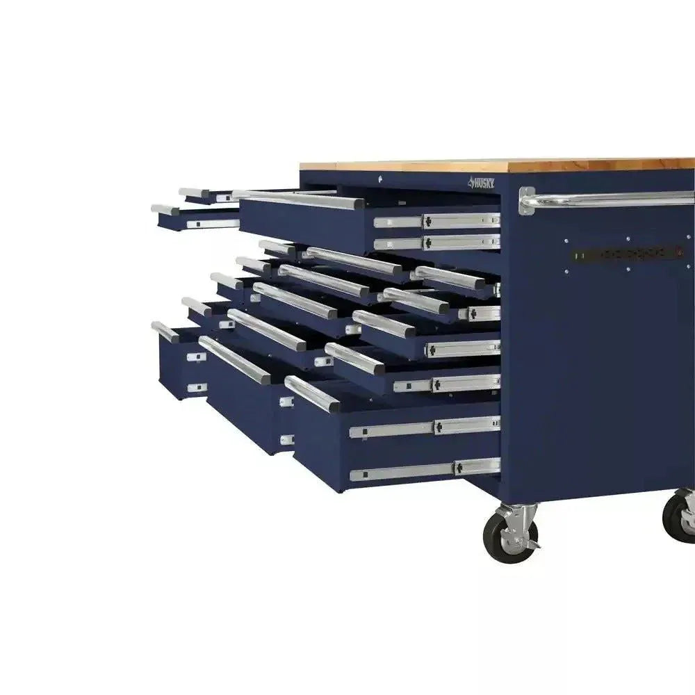 72-Inch 18-Drawer Mobile Workbench with Solid Wood Top, Gloss Blue
