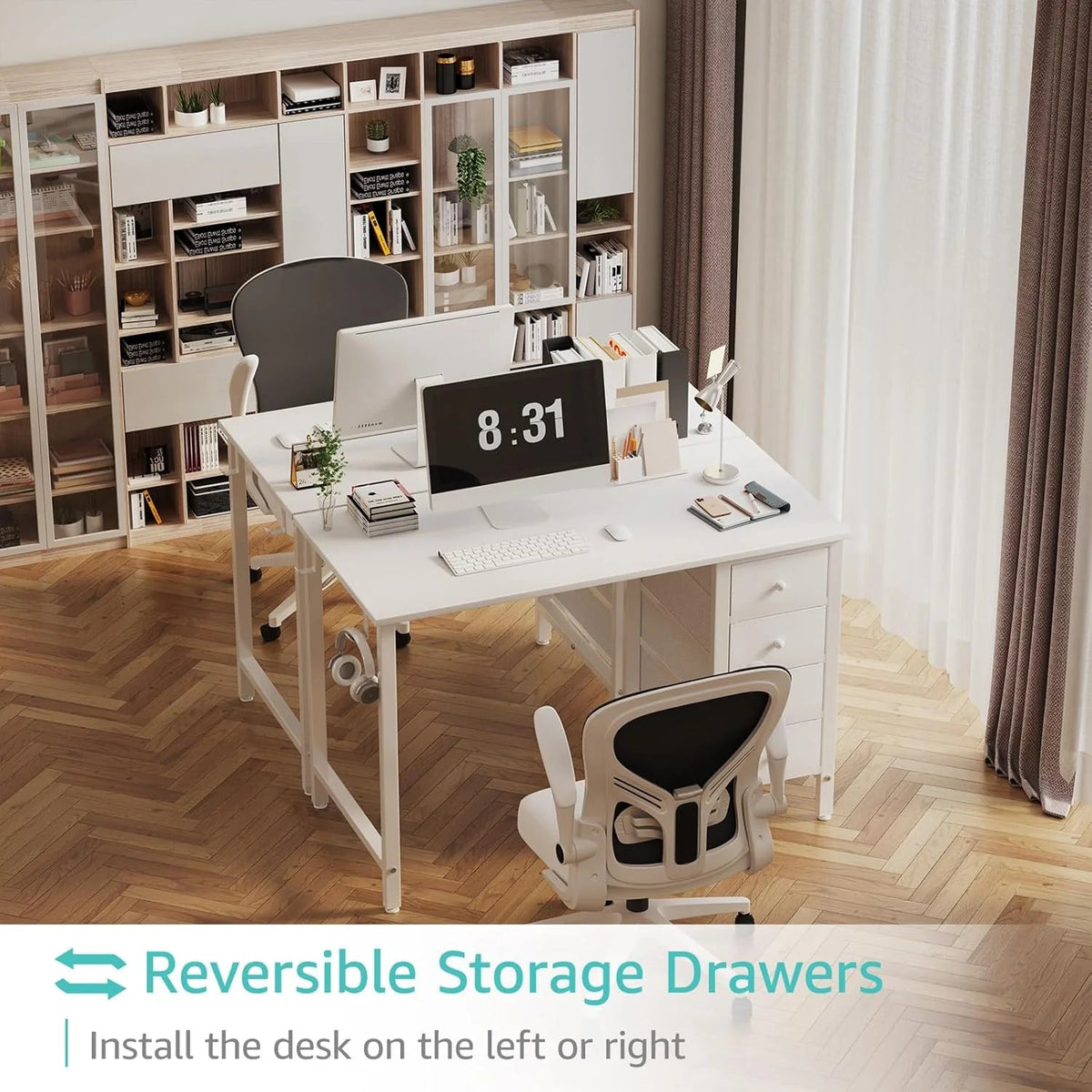 40 Inch Small White Desk with Fabric Drawers, Compact Computer Writing Desk for Home Office, Bedroom and Study