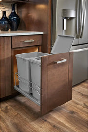 View A double pull-out trash can suitable for the bottom of kitchen cabinets, with a capacity of 35 ounces (approximately 0.875 gallons), equipped with a gentle closing sliding mechanism, and in the color of Orison Gray. image 4