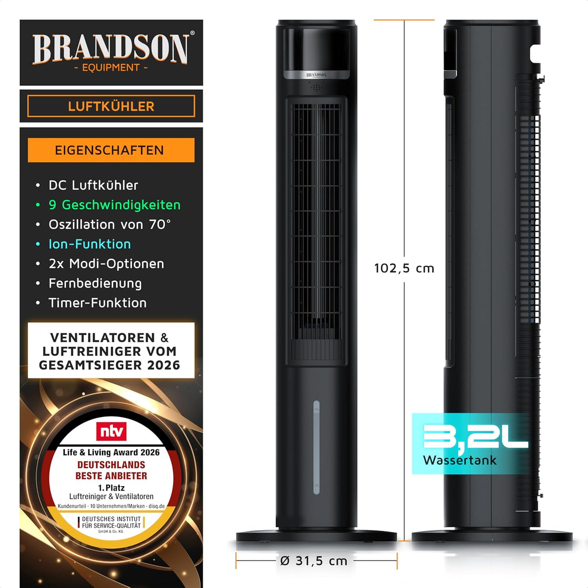 Brandson – mobiler Luftkühler mit Wasserkühlung im ECO Design - DC Motor sehr leise - 60% Energieeinsparung - Sieger Ventilatoren und Luftkühler 2026