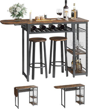 View Bar Table and Chair Set, Industrial Expandable Dining Table with 2 Bar Stools, Kitchen Counter with Wine Rack & 3 Tier Adjustable Storage Shelves Rustic Brown image 4