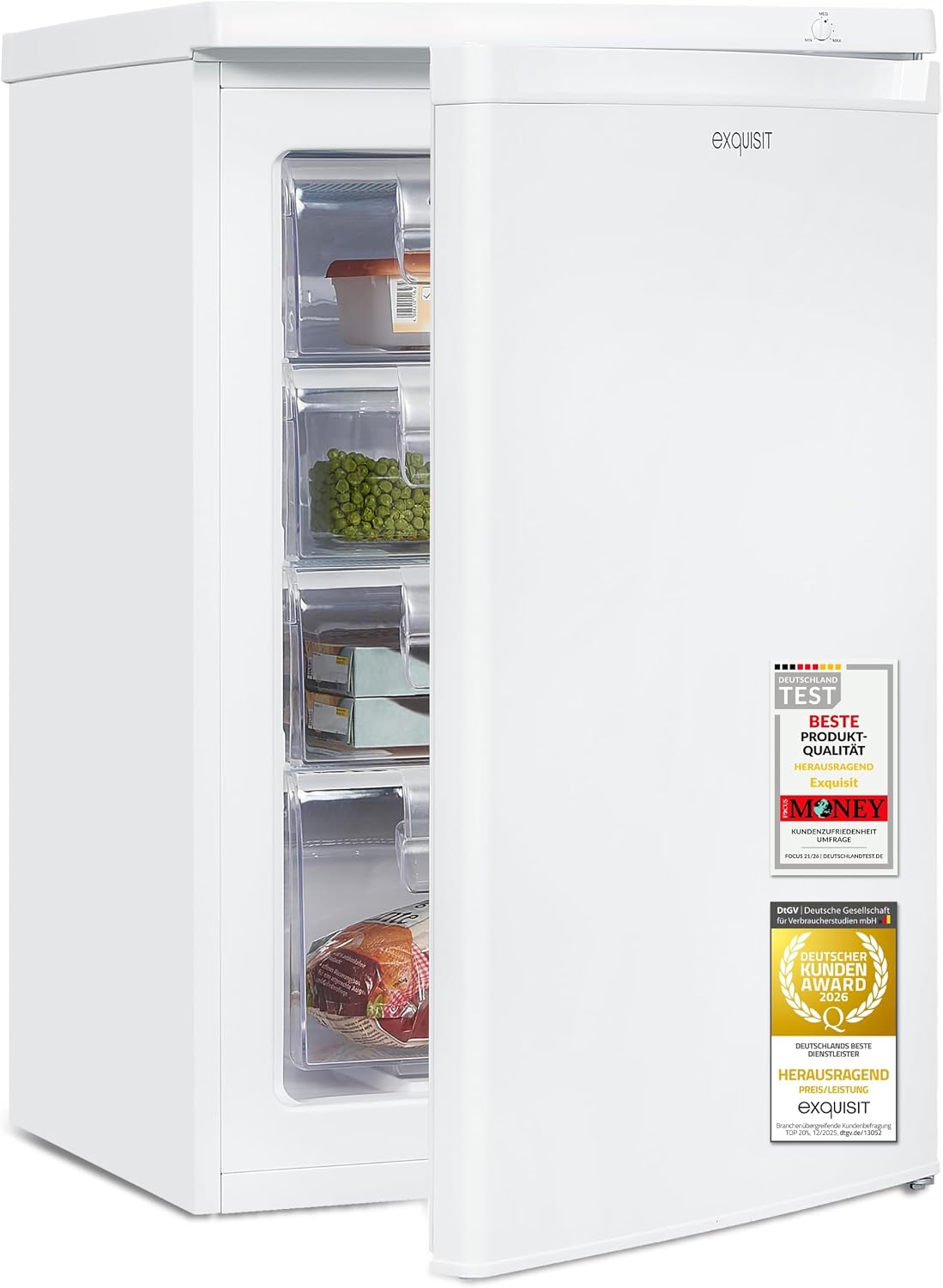 Exquisit Gefrierschrank | 91 l Nutzinhalt, Energieeffizienzklasse E, 40 dB(A) | kompakte Bauform, 4-Sterne-Gefrieren, manuelle Temperaturregelung,