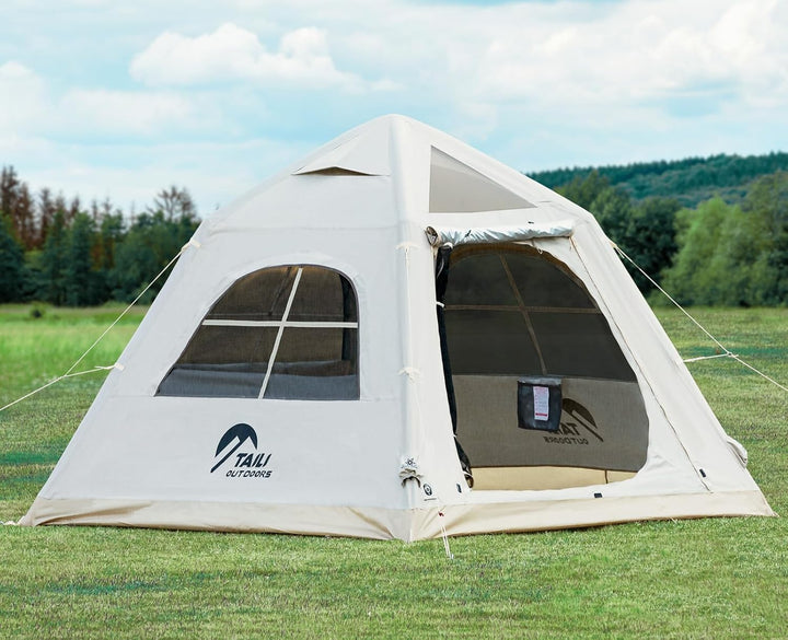 Portable inflatable camping tent, equipped with a manual pump, suitable for 3/4/6 people, easy to set up, suitable for outdoor activities. This inflatable outdoor waterproof Oxford canvas tent is suitable for family camping and is suitable for adults