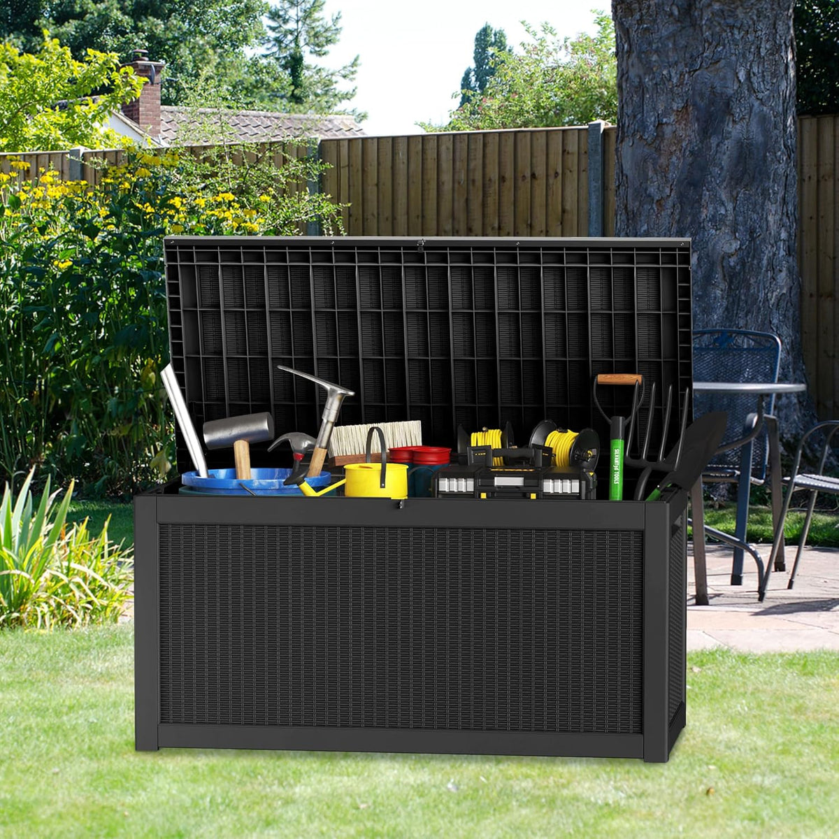 260-gallon large outdoor storage XL outdoor box, suitable for garden furniture, outdoor cushions, garden tools, sports equipment and pool supplies. Made of waterproof resin material, lockable, in gray color scheme.