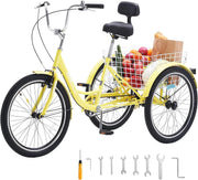 View Adult tricycles, 20-inch tricycles, tricycle motorcycles, carbon steel leisure bicycles with baskets and adjustable seats, suitable for elderly, female and male picnic and shopping tricycles (yellow) image 1