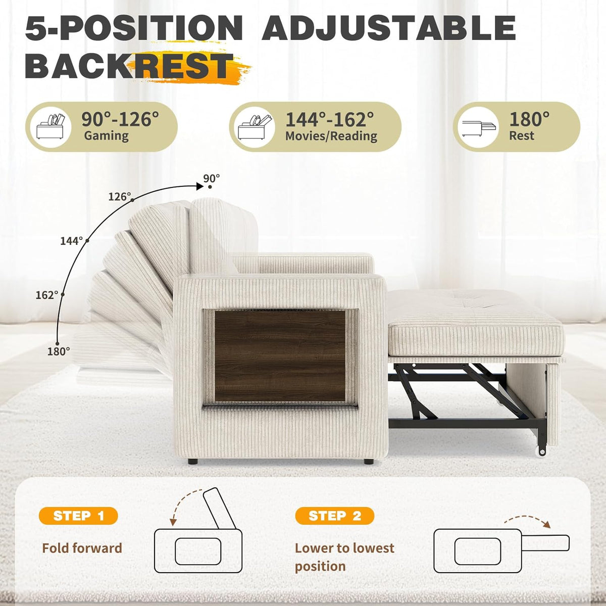 YOUDENOVA Sofá Cama 3 en 1, Sillón Cama multifunción, Sofá reclinable con Respaldo Regulable en 5 Posiciones, Sofá Cama para 2 Personas con Mesa y