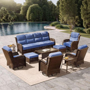 View Outdoor Swivel Rocker Patio Chairs with 6-Inch Thick Cushions and Side Table, 3PCS High Back Wicker Patio Furniture Set for Porch, Balcony, Deck and Yard in Blue image 2