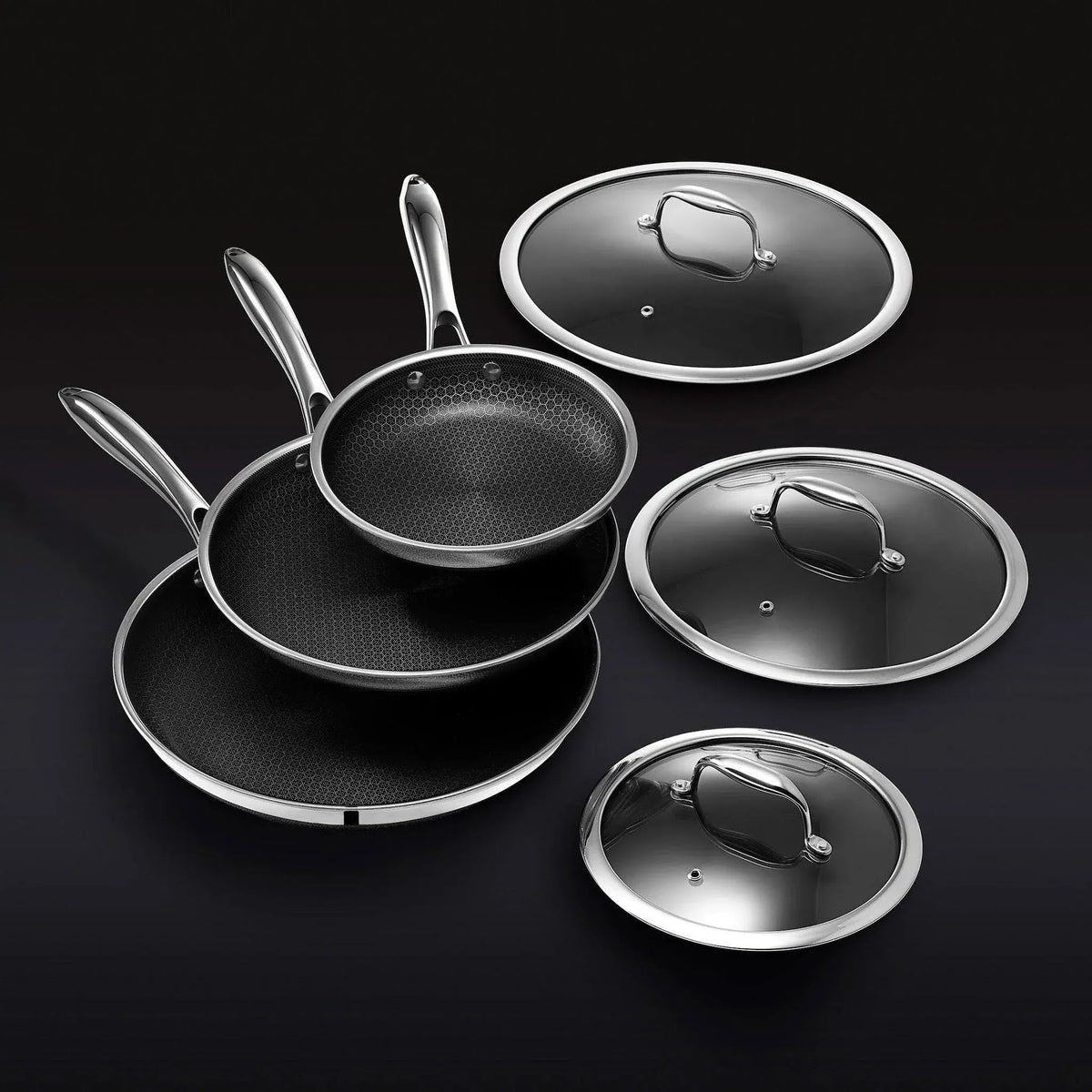 6-Piece Hybrid Stainless Steel Pan Set with Glass Lids, 8-Inch, 10-Inch and 12-Inch, Black