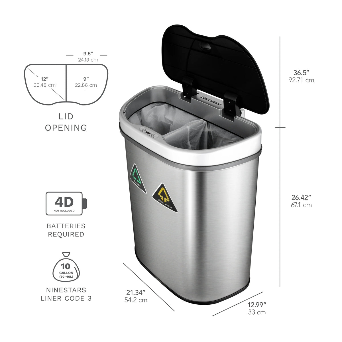18 Gallon Dual Compartment Motion Sensor Trash Can, Automatic Hands-Free Kitchen Garbage Bin