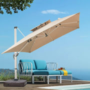 View A 10-foot by 10-foot square cantilevered sunshade, equipped with a cross base and canopy, is included - a large heavy-duty outdoor sunshade, 360° rotating offset type, suitable for use in courtyards, backyard of swimming pools, terraces or gardens, i image 4