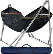 View Double hammock with frame, with a load capacity of 650 pounds, double hammock with support rods, made of high-quality 201 stainless steel, assembled in 30 seconds, sturdy and flexible portable hammock frame, suitable for outdoor and indoor use, black image 2