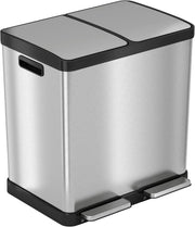 View 16-gallon contact-free trash and recycling bins, made of stainless steel, with a double compartment design (each compartment holds 8 gallons), suitable for recycling and waste disposal in the kitchen. image 1