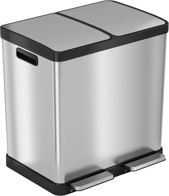 16-gallon contact-free trash and recycling bins, made of stainless steel, with a double compartment design (each compartment holds 8 gallons), suitable for recycling and waste disposal in the kitchen.
