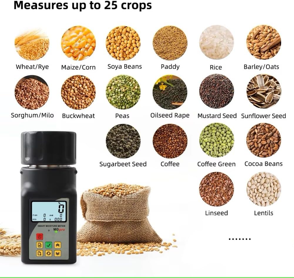 Portable mini grain moisture measuring instrument, suitable for 25 types of grains such as coffee, cocoa, rice, wheat, etc., with 99 sets of data storage function