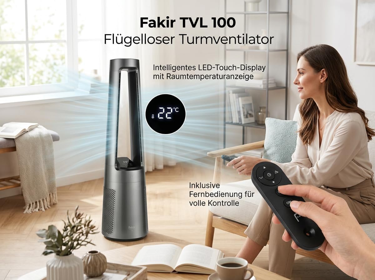 Fakir TVL 100 Flügelloser Turmventilator - DC-Motor, 12 Lüfterstufen, 30 dB(A), 60° Oszillation, 12h Timer, LED Touch Display, Fernbedienung,