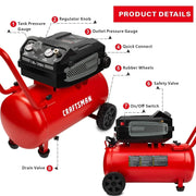 View CRAFTSMAN HARD Air Compressor, 10 Gallon 1.8 HP 175 PSI, 4.0CFM@90PSI, Oil Free and Maintenance Free, Portable with Large Wheels, CMXECXA0201041 image 2
