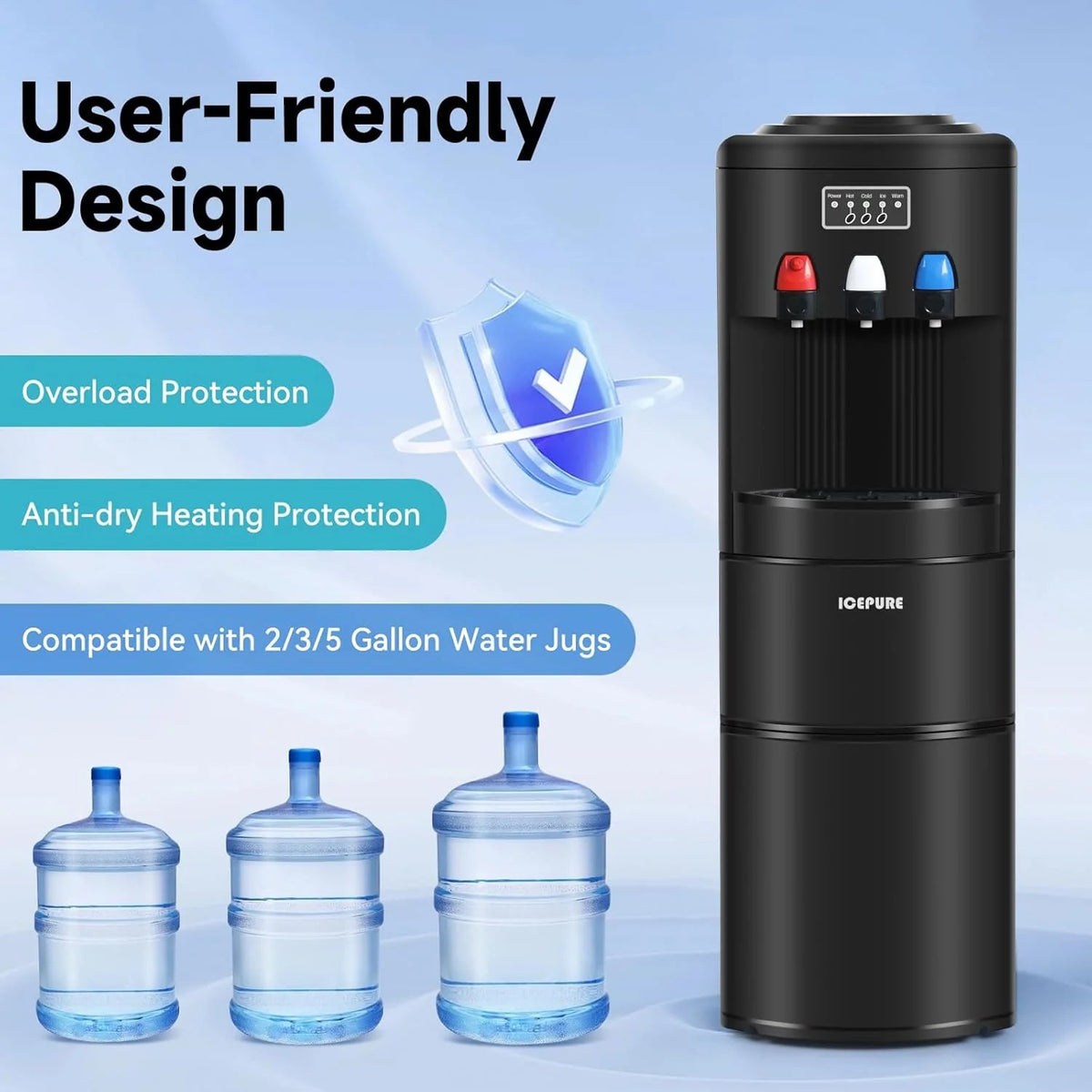3-in-1 Hot & Cold Water Cooler with Built-in Ice Maker – Top Loading for 3-5 Gallon Bottles, Child Safety Lock, Black