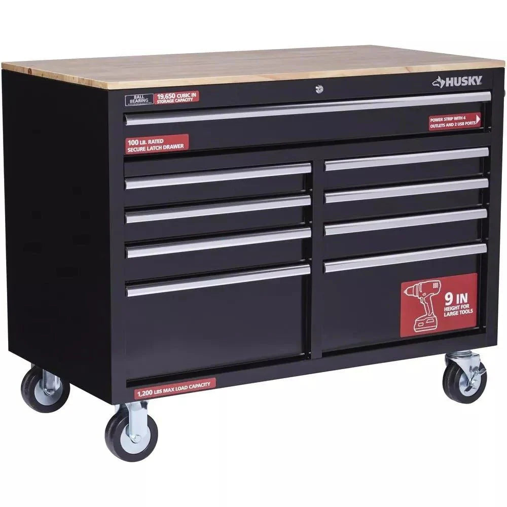 46-Inch W x 24-Inch D 9-Drawer Deep Tool Chest Mobile Workbench, Gloss Black