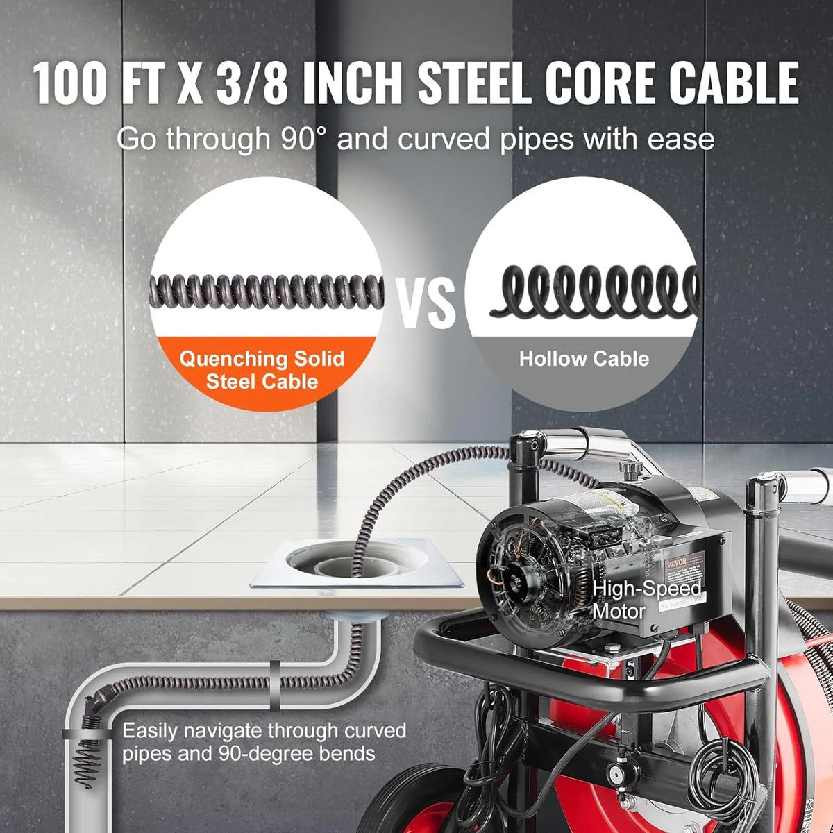 550W Drain Cleaning Machine, 100-Ft. x 1/2-Inch Sewer Snake Auger with 8 Cutters, Wheels and Foot Switch, for 2-4-Inch Pipes