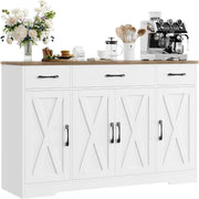 View Drawer-equipped buffet-style cabinet, 55-inch large side cabinet-style storage unit with shelves and 4 doors, modern country-style coffee bar-style cabinet, wooden kitchen and dining room storage unit, white/rustic style image 1