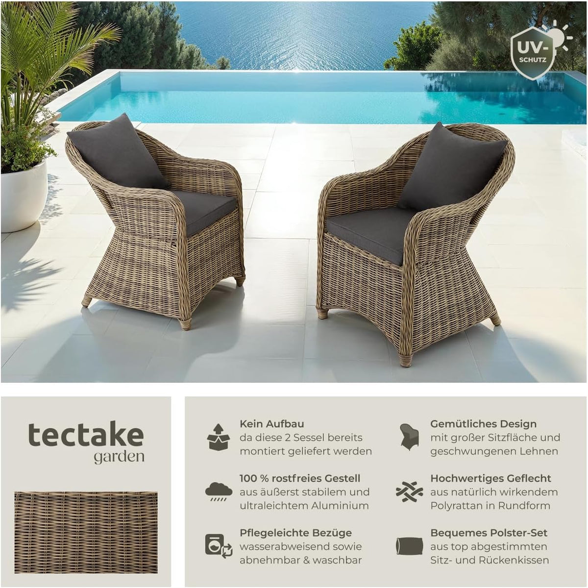 tectake Alu Polyrattan Gartenstuhl 2er Set, Gartenmöbel Set mit 2 Sessel, wetterfest, Rattan Gartensessel mit weichen Sitzpolster, abziehbarer und