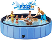 View Foldable Dog Swimming Pool, 120"x20" Oversize Collapsable Hard Plastic Potable Bathing Tub for Pet Dog Kiddie Pool Indoor and Outdoor Leakproof PVC Play Pool for Large Dogs Pets Puppy Kids Blue image 2