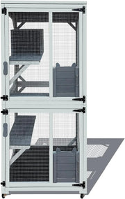 View 62.6-inch wooden outdoor cat house, large cat cage room, equipped with 7 platforms, 2 rest boxes and a rainproof roof, suitable for multiple pets to use. Step-in cat apartment shelter, white model image 1