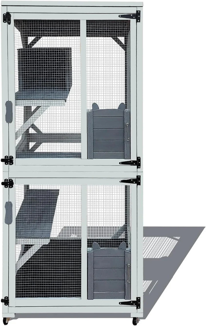 62.6-inch wooden outdoor cat house, large cat cage room, equipped with 7 platforms, 2 rest boxes and a rainproof roof, suitable for multiple pets to use. Step-in cat apartment shelter, white model