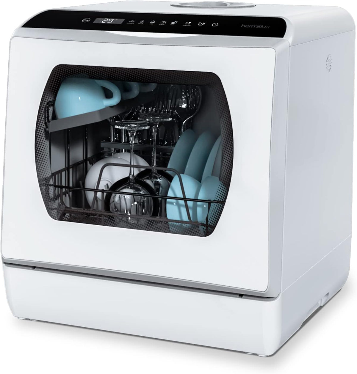 Hermitlux Mini Geschirrspüler, Spülmaschine für 4 Bestecksätze, 5 Liter Wassertank, 6 Programme Mini Tischgeschirrspüler, Perfekt für Wohnungen,