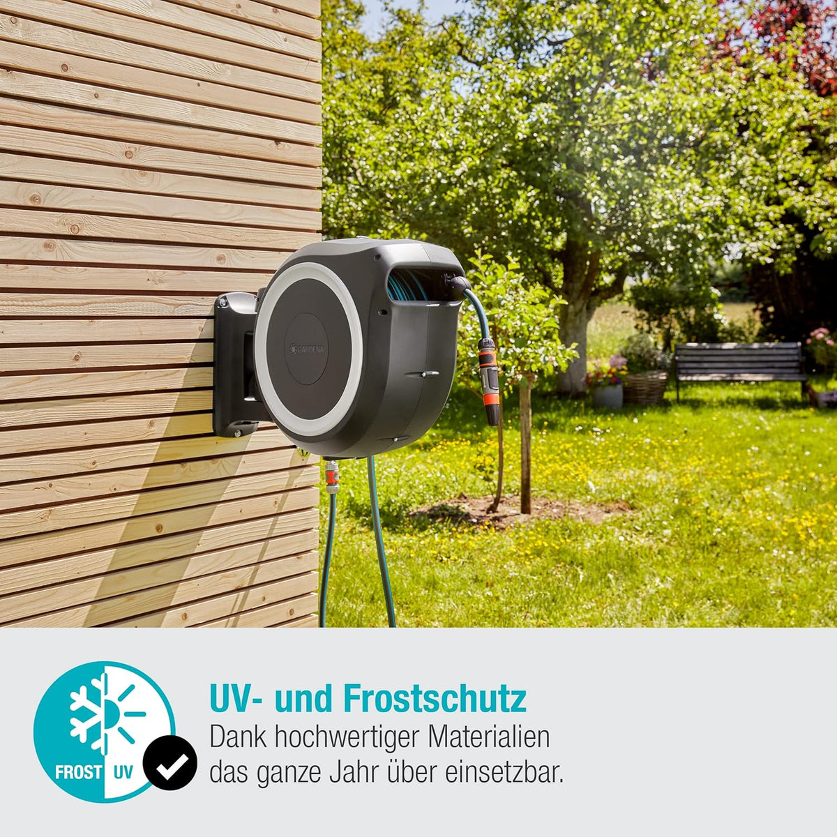 Gardena Original Wand-Schlauchbox RollUp L (weiß) 30 m: flexible Bewässerung für große Gärten, Schwenkbare Schlauchbox, inkl. 30 m Gardena