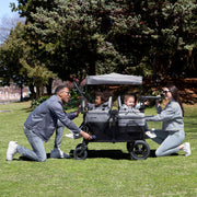 View Luxurious 4-seater children's stroller - A high-end 4-seater children's stroller specially designed for 4 children, equipped with convertible seats, adjustable push-pull handles, detachable sunshade, and flat folding device. The color is grey. image 3